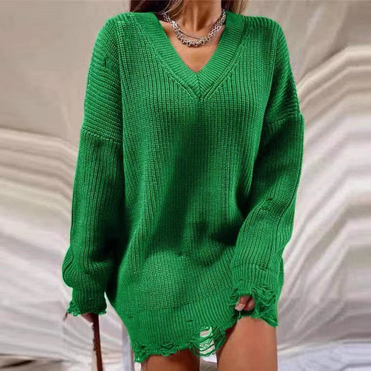 Damen Grobstrick Pullover mit V-Ausschnitt und lässigem Schnitt Heidi-Mode