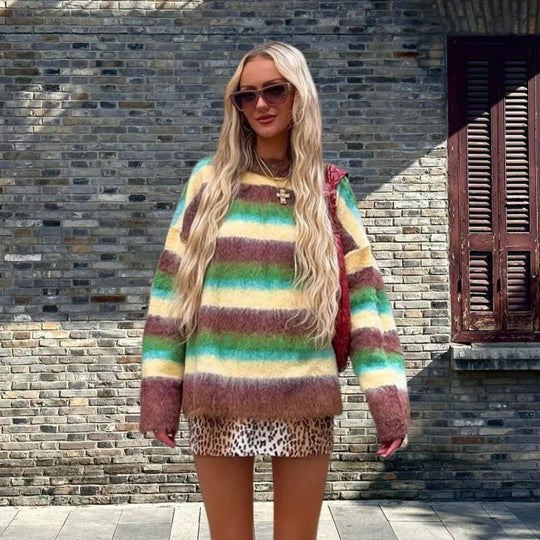 Damen Trendiger Pullover mit buntem Streifenmuster und lässigem Schnitt Heidi-Mode