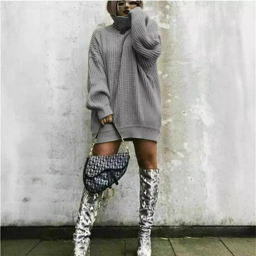 Damen Oversized Strickpullover mit hohem Kragen und Waffelmuster Heidi-Mode