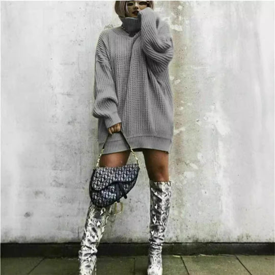 Damen Oversized Strickpullover mit hohem Kragen und Waffelmuster Heidi-Mode