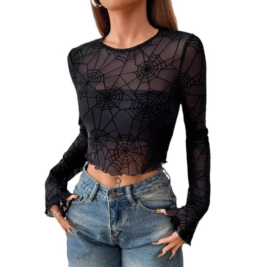 Damen Langärmliges Crop-Top mit Spinnennetz-Design Heidi-Mode