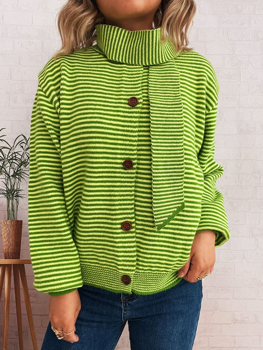 Damen gestreifte Strickjacke mit modernem Kragen und Knopfverschluss Heidi-Mode