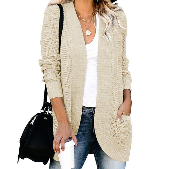 Damen lässige Strickjacke mit offenen Ärmeln und praktischen Taschen Heidi-Mode