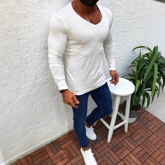 Herren elegantes Langarmshirt mit V-Ausschnitt und figurbetontem Schnitt Heidi-Mode