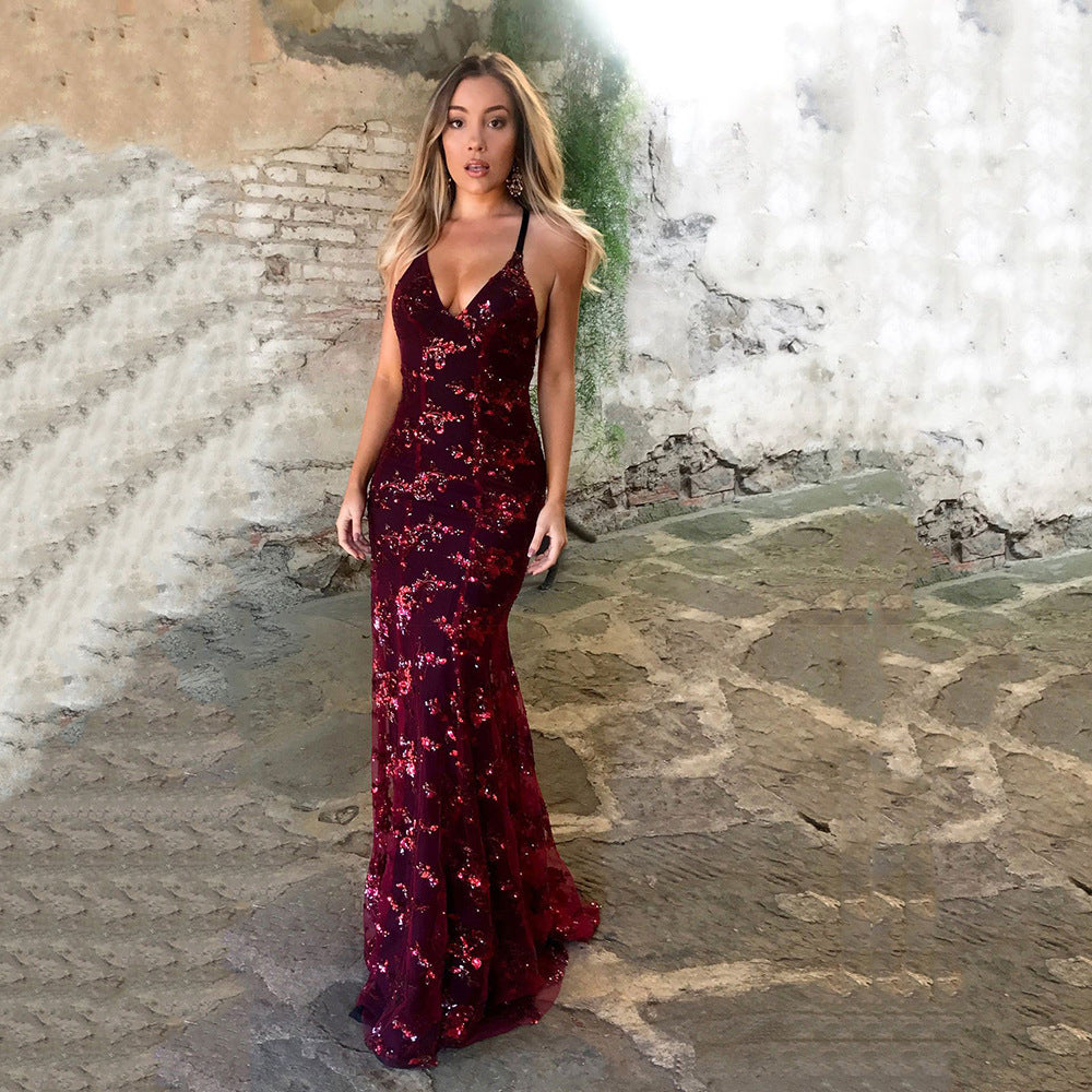 Damen Glamouröses langes Abendkleid mit Pailletten und tiefem V-Ausschnitt Heidi-Mode