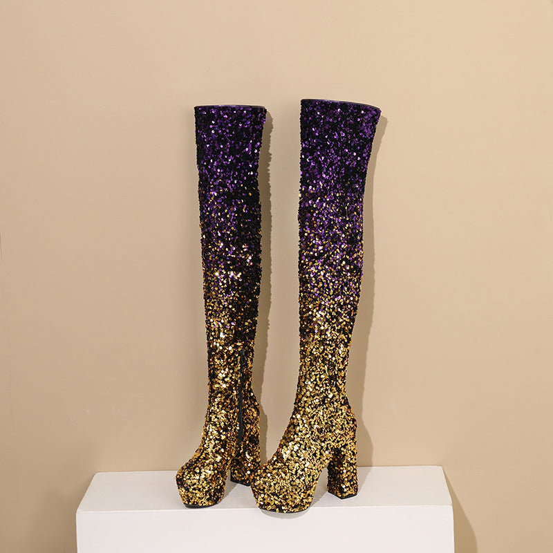 Femme Hochglanz Glitzer Oberschenkelhohe Plateau Stiefel Heidi-Mode