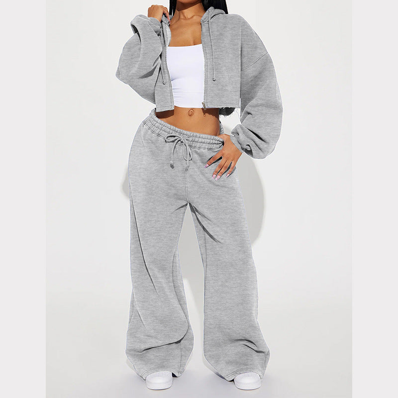Damen Sportliches Fleece-Set mit cropped Hoodie und weitem Schnitt Heidi-Mode