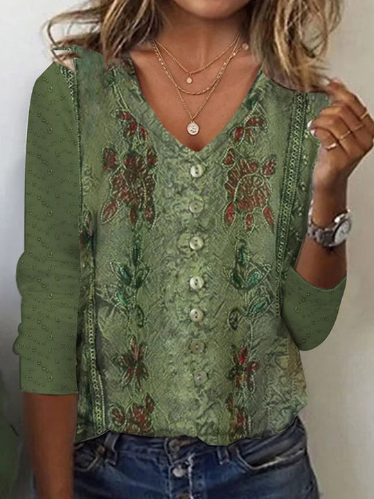 Damen V-Ausschnitt Bluse mit floralen Details und Knopfverschluss Heidi-Mode