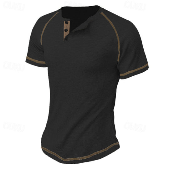 Herren Kurzarm-Henley-Shirt aus atmungsaktivem Strukturmaterial mit dekorativer Knopfleiste Heidi-Mode