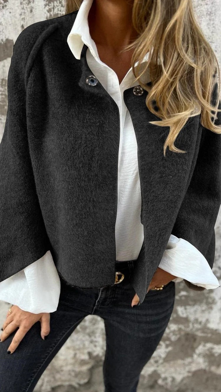 Heidi-Mode | Gemütlicher Damen lockerer kurzer Cashmere Knopf Langarm Mantel
