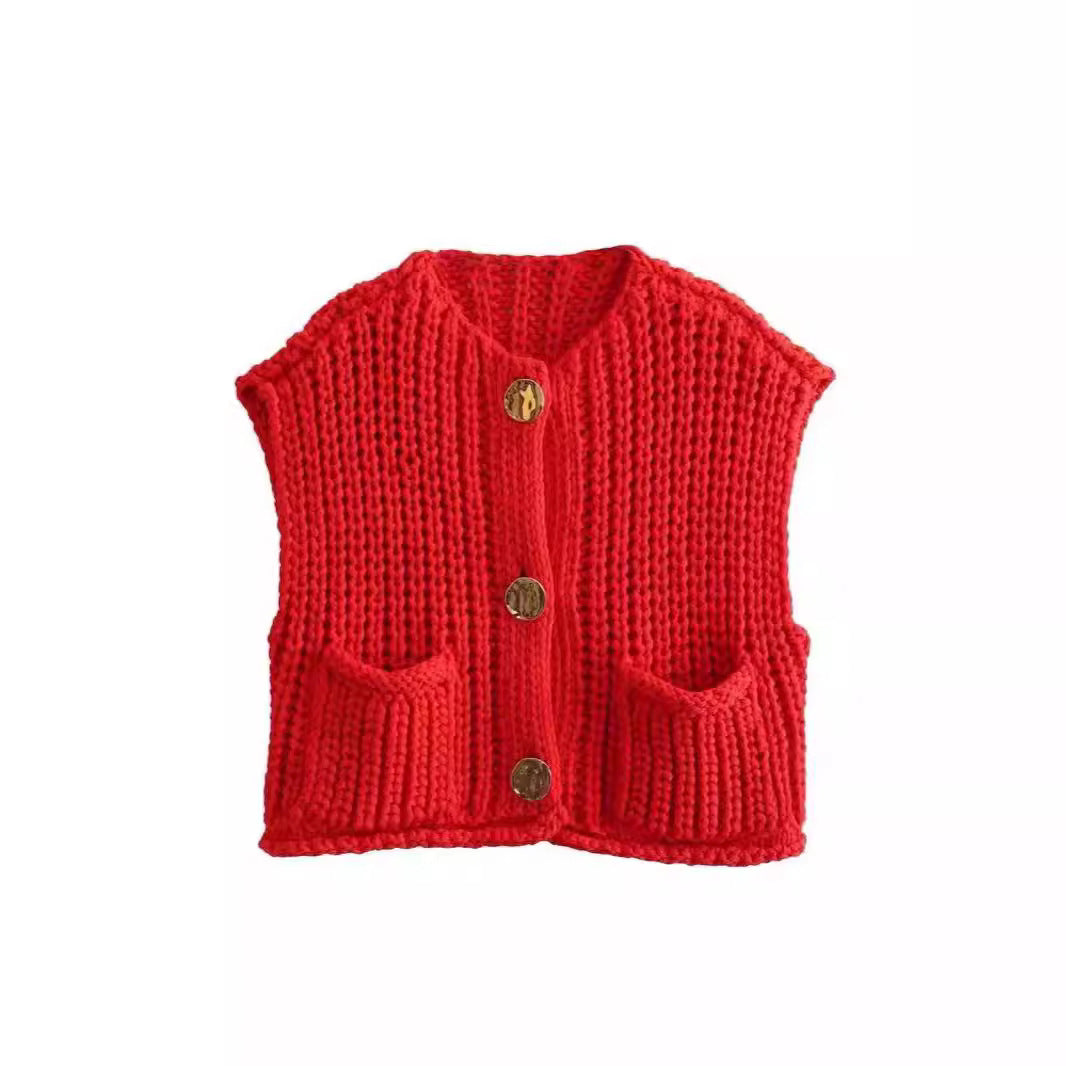 Damen modische Strickweste mit dekorativen Knopfdetails und praktischen Taschen Heidi-Mode