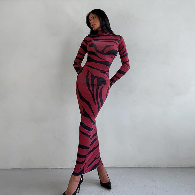 Damen Langarm-Maxikleid mit raffiniertem Leopardenmuster Heidi-Mode