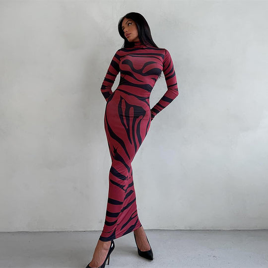 Damen Langarm-Maxikleid mit raffiniertem Leopardenmuster Heidi-Mode