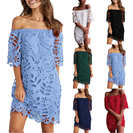 Damen Off-Shoulder Kleid mit floralen Cut-Outs und luftigen Ärmeln Heidi-Mode