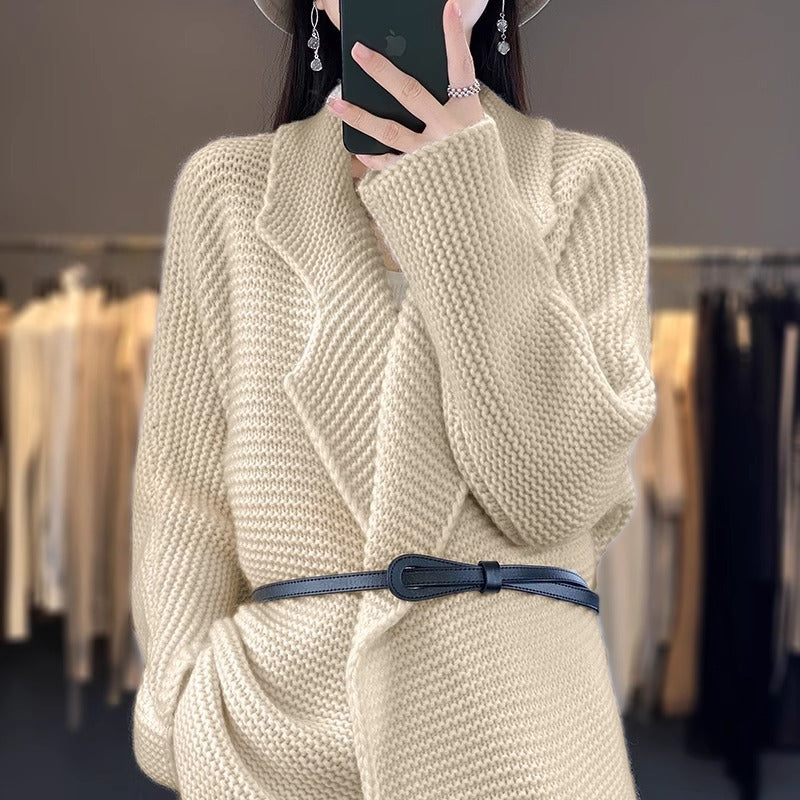 Damen Grobstrick Cardigan mit eleganten Revers und Taillengürtel Heidi-Mode