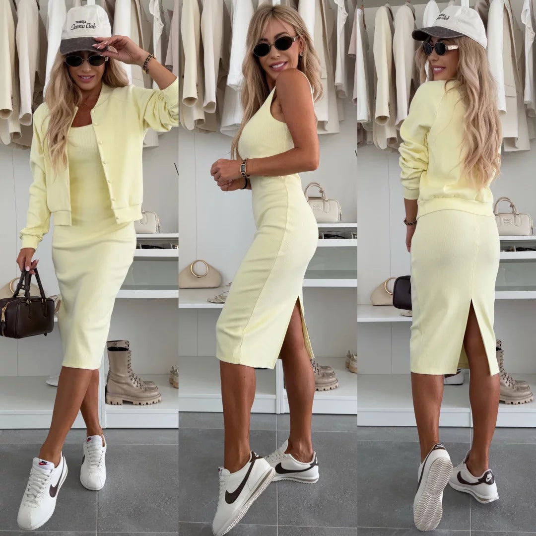 Damen elegantes Set aus figurbetontem Kleid und lässiger Jacke mit Druckknopf Heidi-Mode