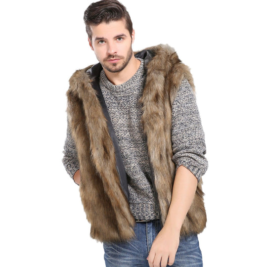 Herren Elegante Kunstpelzjacke mit Kapuze und seitlichen Taschen Heidi-Mode