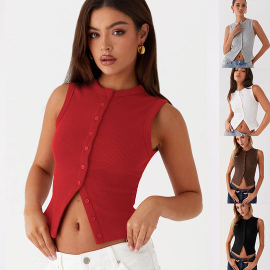 Damen ärmelloses Knopfschalenshirt aus Rippenstoff mit modernem Schnitt Heidi-Mode