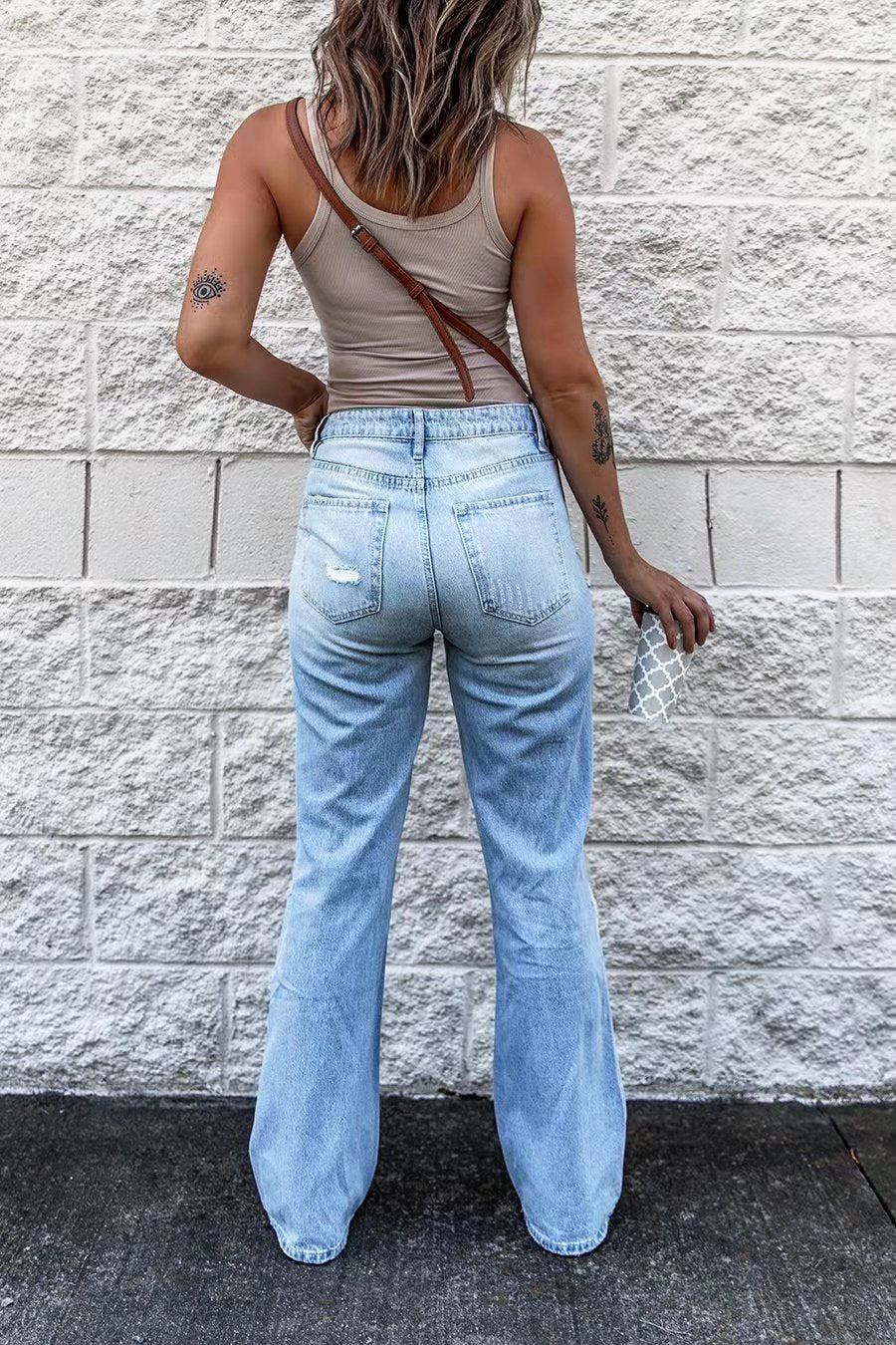 Heidi-Mode | Damen High Waist Ripped Jeans mit Weitem Bein