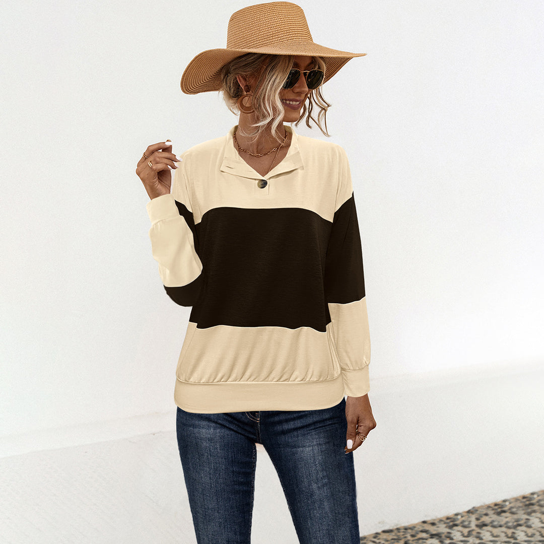 Damen Sportlicher Pullover mit modernem Farbblockdesign und funktionellem Knopf Heidi-Mode