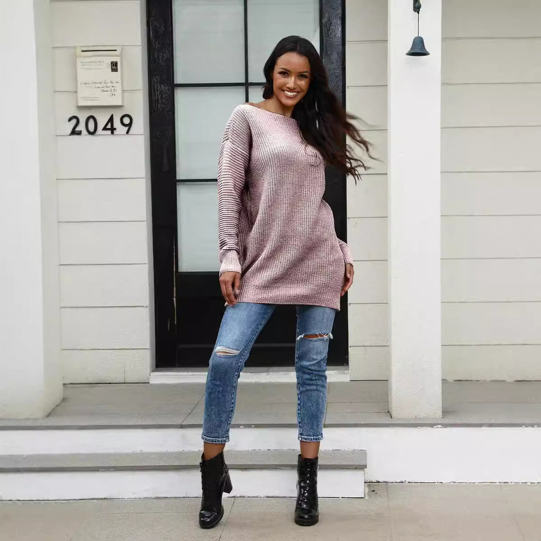 Damen lässiger Strickpullover mit weitem Ausschnitt und Rippstruktur Heidi-Mode