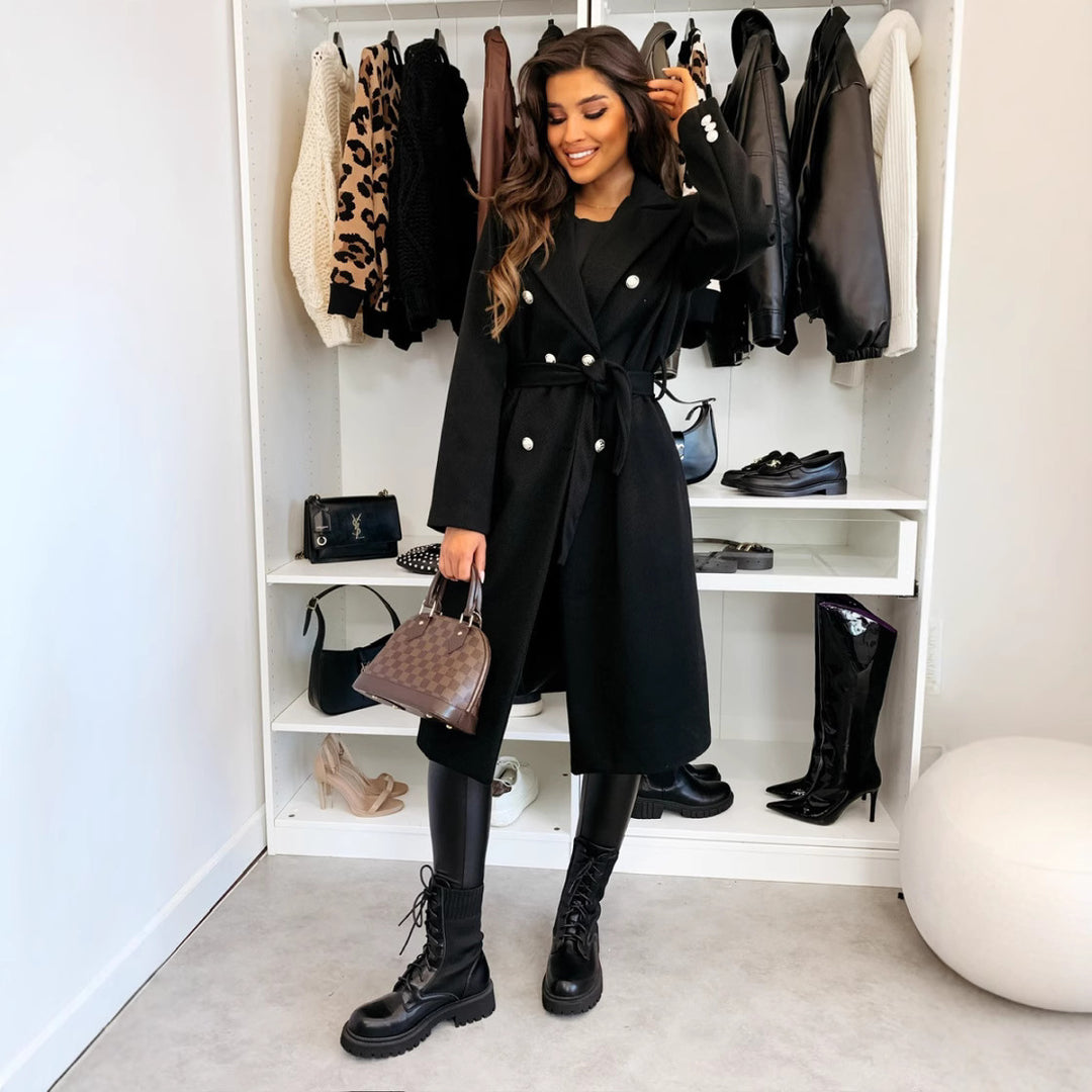 Damen eleganter Mantel mit Taillengürtel und doppelter Knopfblende Heidi-Mode