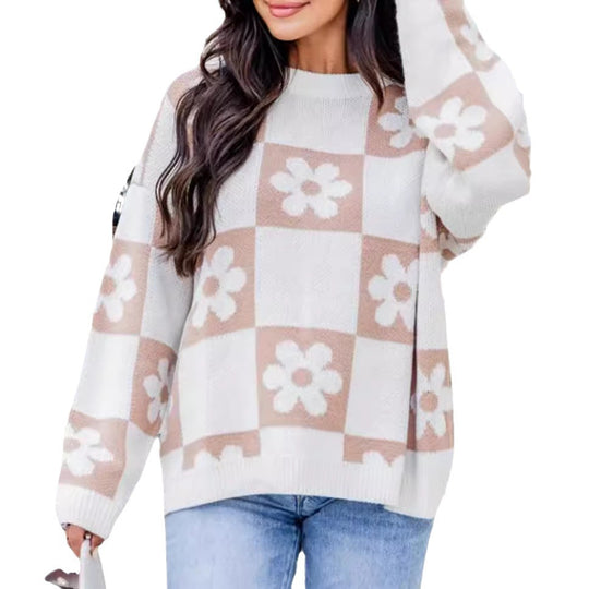 Damen Oversized Strickpullover mit floralem Muster und lässigem Schnitt Heidi-Mode