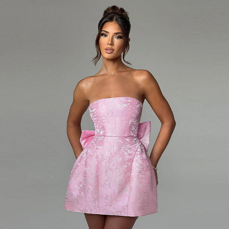 Heidi-Mode | Mini Cocktailkleid Schulterfrei Abendkleid mit Schleifendetail