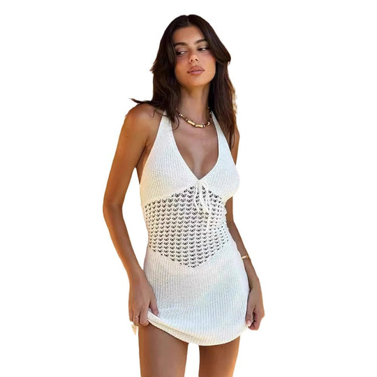 Damen Häkel-Strandkleid mit tiefem V-Ausschnitt und trendigen Details Heidi-Mode