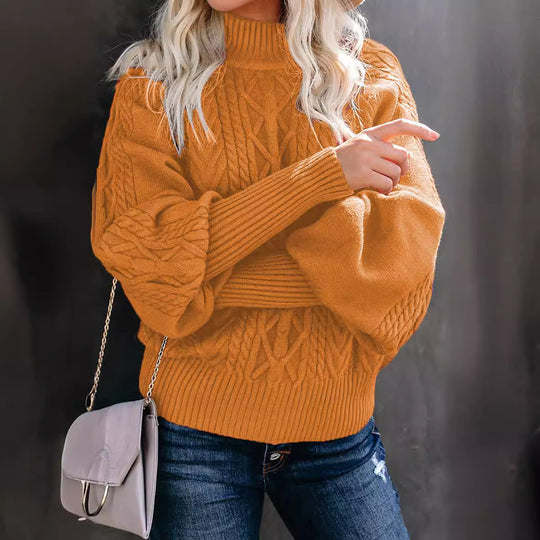 Damen Grobstrickpullover mit hohen Kragen und voluminösen Ärmeln Heidi-Mode