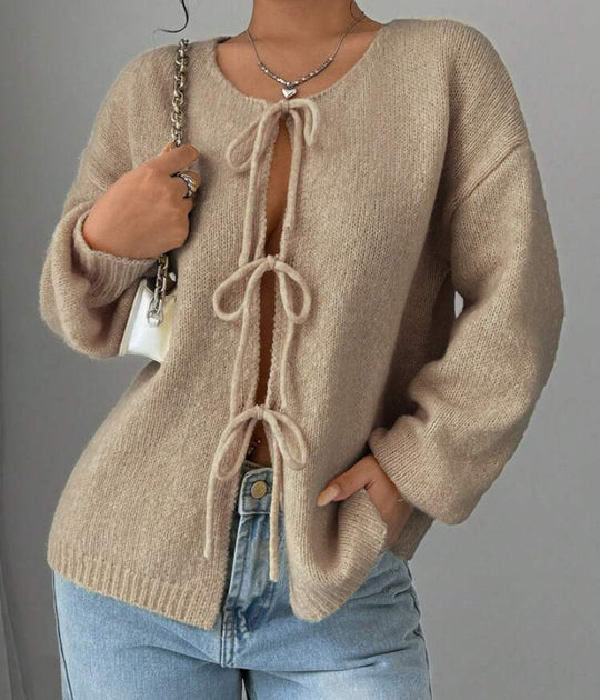 Damen Oversized Strickpullover mit dekorativem Schnürdetail Heidi-Mode