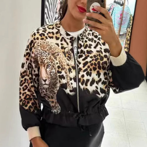 Damen entspannte Bomberjacke mit extravagantem Leoparden-Motiv Heidi-Mode