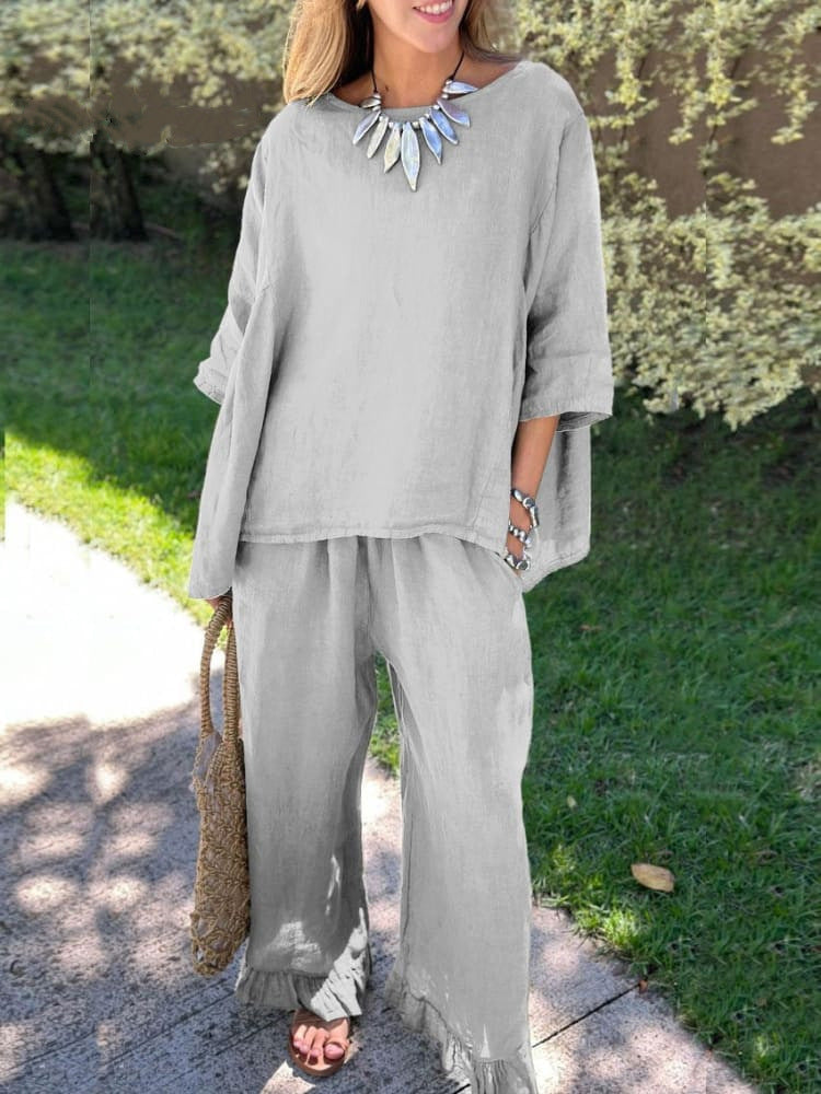 Damen lässiges Leinen-Outfit mit weitem Schnitt und angeschnittenen Ärmeln Heidi-Mode