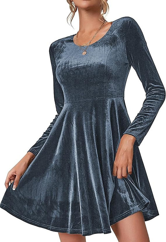 Damen Elegantes Samtkleid mit geschwungenem Saum und langen Ärmeln Heidi-Mode