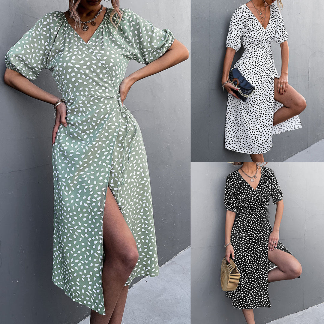 Damen Wickelkleid mit eleganten Puffärmeln und modernem Muster Heidi-Mode