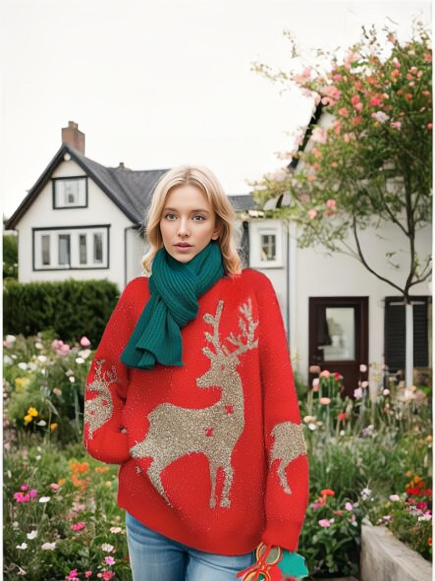 Damen Weihnachts-Pullover mit festlichem Schneeflocken-Motiv und weitem Schnitt Heidi-Mode