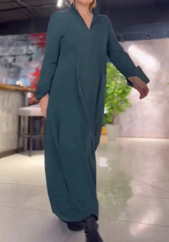 Damen Maxikleid mit praktischen Seitentaschen und modernem Hemdblusenkragen Heidi-Mode