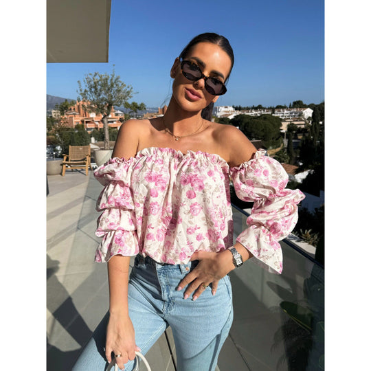 Damen Off-Shoulder Bluse mit Blumenmuster und Rüschensleeves Heidi-Mode