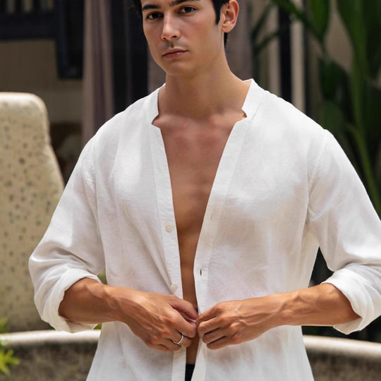 Herren lässige Leinenbluse mit durchgehendem Knopfverschluss Heidi-Mode