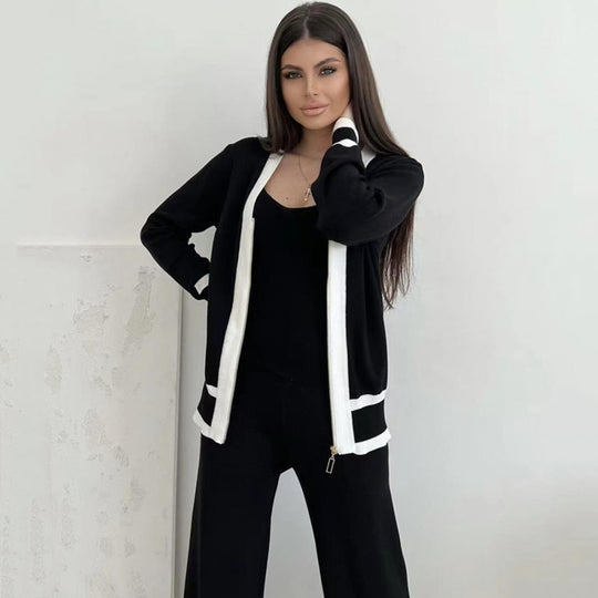 Damen lässiges Strick-Loungewear-Set mit hochwertigem Zip-Cardigan und Weitbein-Hosen Heidi-Mode