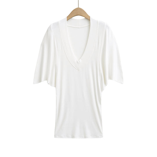 Damen V-Ausschnitt Oversized Shirt mit Schmetterlingsärmeln und raffinierter Struktur Heidi-Mode