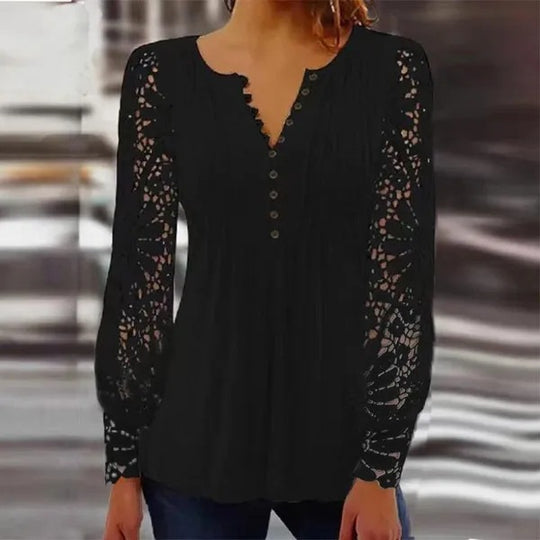 Damen Spitzenbluse mit eleganten Knopfdetails und voluminösen Ärmeln Heidi-Mode