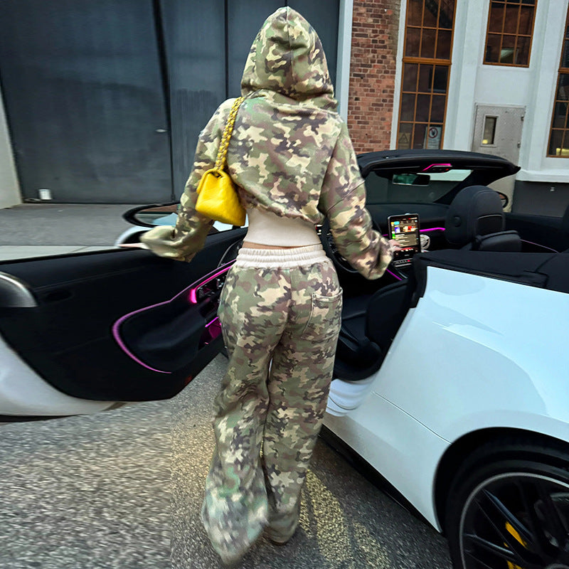 Heidi-Mode | Unformal Kontrastfarbe Gesamt Hoodie Langarm Sweatshirt Hose Zwei Teile Camouflage Strickjacke Hose Set