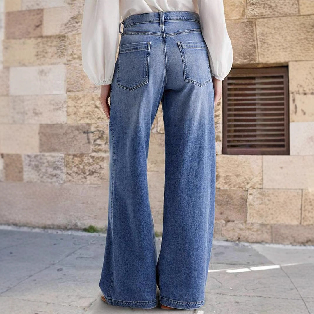 Damen Weite Jeans im Boho-Stil mit hohem Bund und komfortablem Schnitt Heidi-Mode