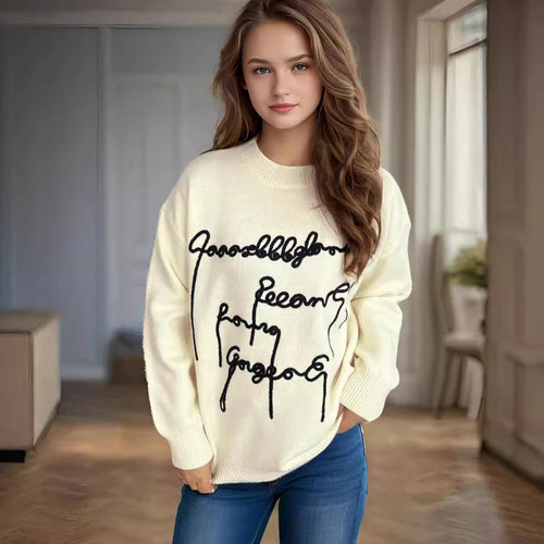 Damen lässiger Pullover mit kreativem Schriftzug Heidi-Mode