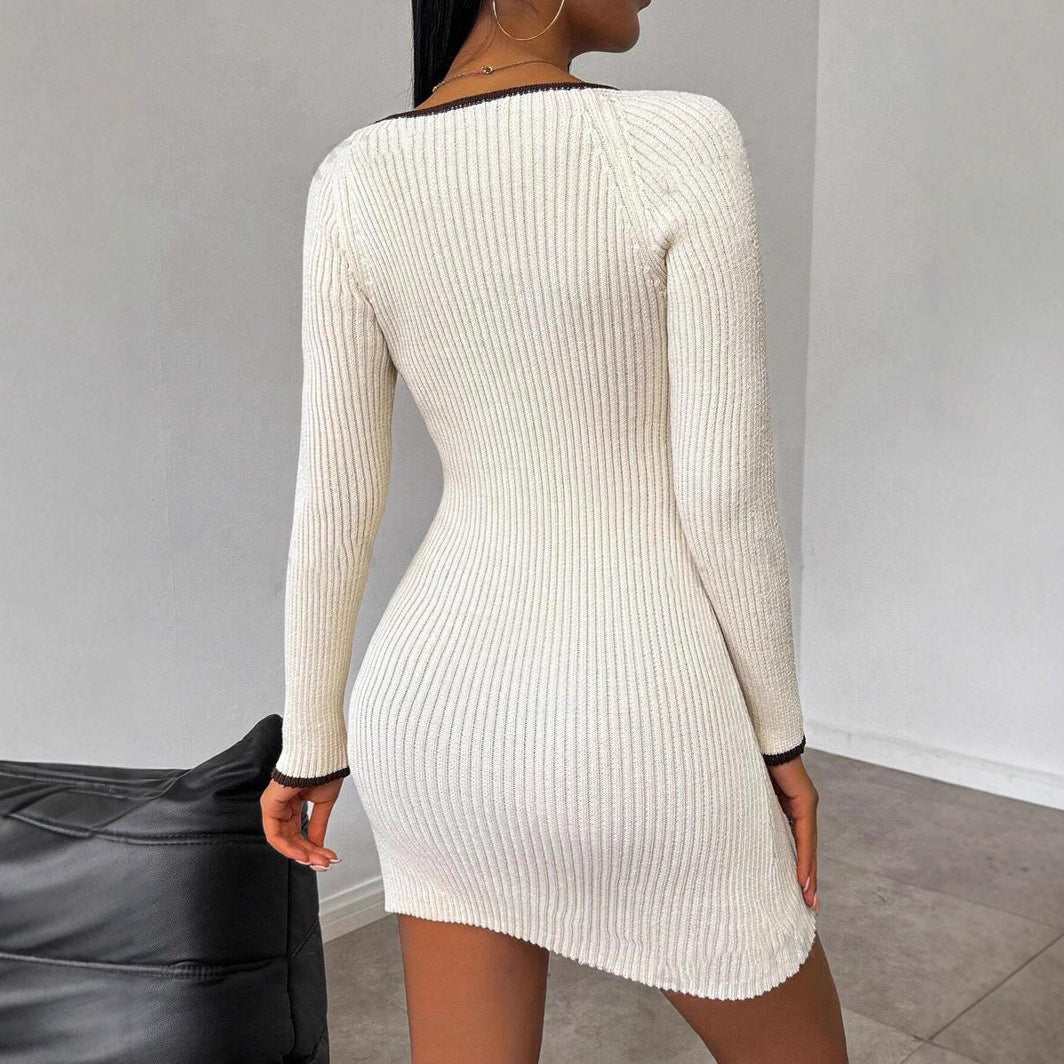 Damen figurbetontes Rippstrickkleid mit tiefem Ausschnitt und Seitenschlitz Heidi-Mode