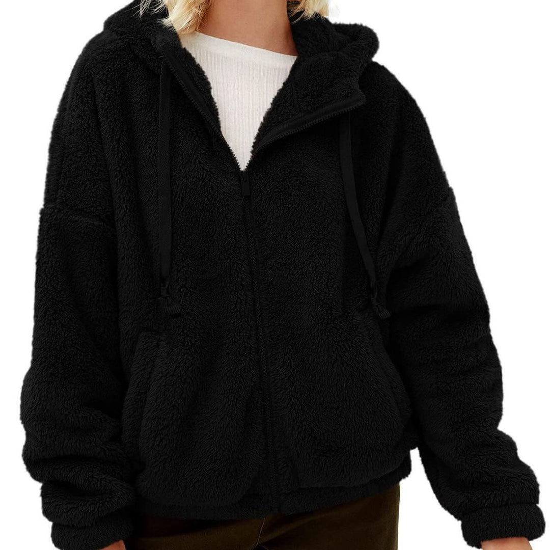 Damen Flauschige Plüschjacke mit Kapuze und Frontreißverschluss Heidi-Mode
