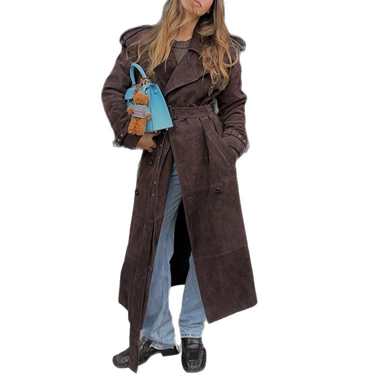 Damen Langer Trenchcoat aus weichem Wildlederimitat mit modischen Details Heidi-Mode