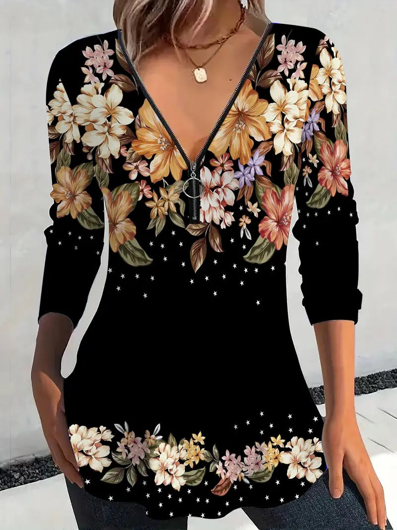 Damen Langarmshirt mit Reißverschluss und floralem Muster Heidi-Mode