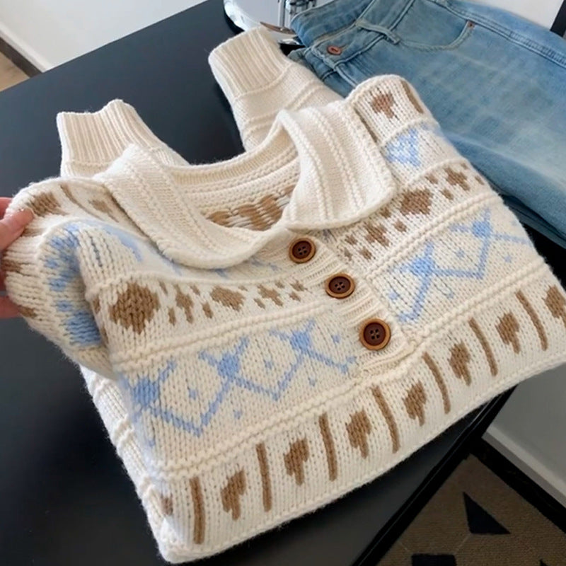 Damen Grobstrickpullover mit liebevollem Grafikumfang und romantischem Kragen Heidi-Mode